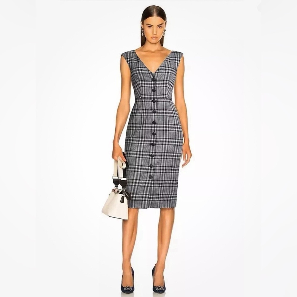 Veronica Beard Black & White Plaid Button-Front Midi Sheath Dress